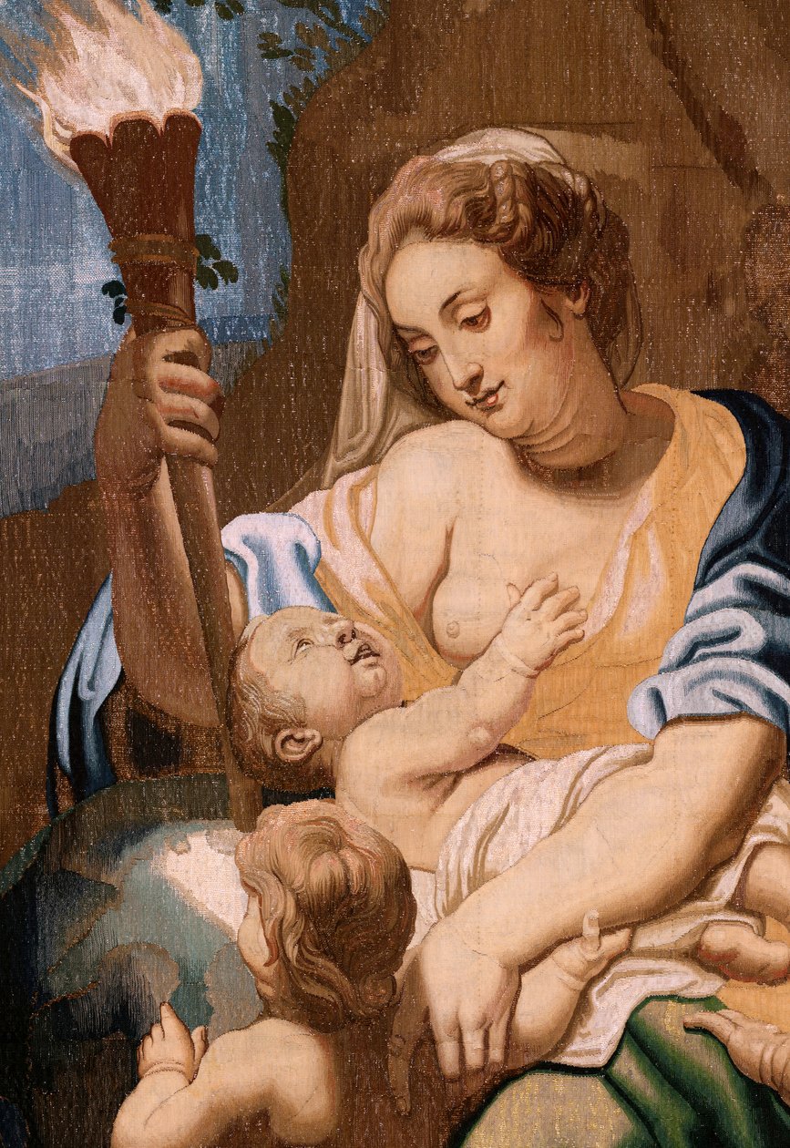 Tapeçaria flamenga. Série O Triunfo da Eucaristia. Alegoria da Caridade iluminando o mundo (Alegoría de la Caridad iluminando al mundoà. A vigésima tapeçaria da série. O modelo Peter Paul Rubens. 1626-1628. Fabrico Jan II Raes, Bruxelas de Peter Paul (after) Rubens