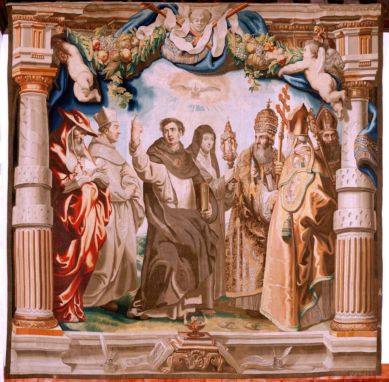 tapeçaria flamenga. Série O Triunfo da Eucaristia. Os Defensores da Eucaristia (os defensores de la Eucaristía). Décima tapeçaria da série. Modelo Peter Paul Rubens. 1626-1628. Manufatura Jan II Raes, Hans Vervoert, Jacques Fobert, Bruxelas de Peter Paul (after) Rubens