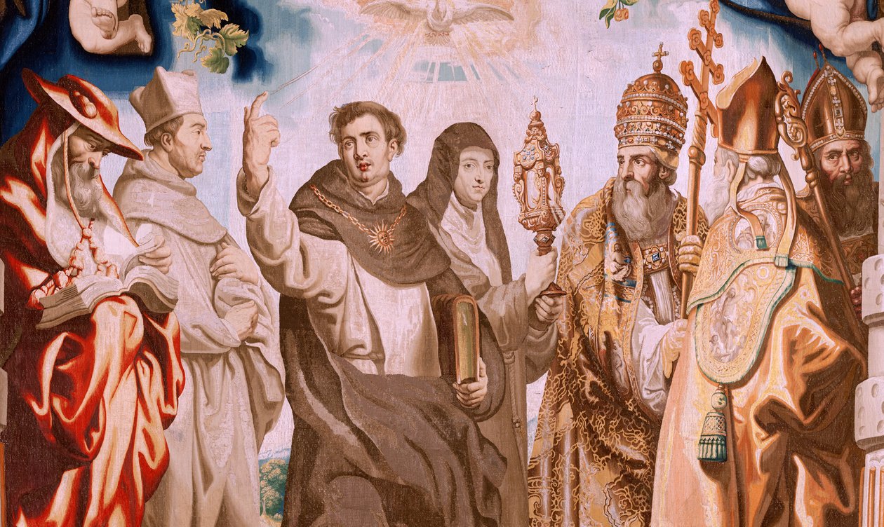 tapeçaria flamenga. Série O Triunfo da Eucaristia. Os Defensores da Eucaristia (os defensores de la Eucaristía). Décima tapeçaria da série. Modelo Peter Paul Rubens. 1626-1628. Manufatura Jan II Raes, Hans Vervoert, Jacques Fobert, Bruxelas de Peter Paul (after) Rubens