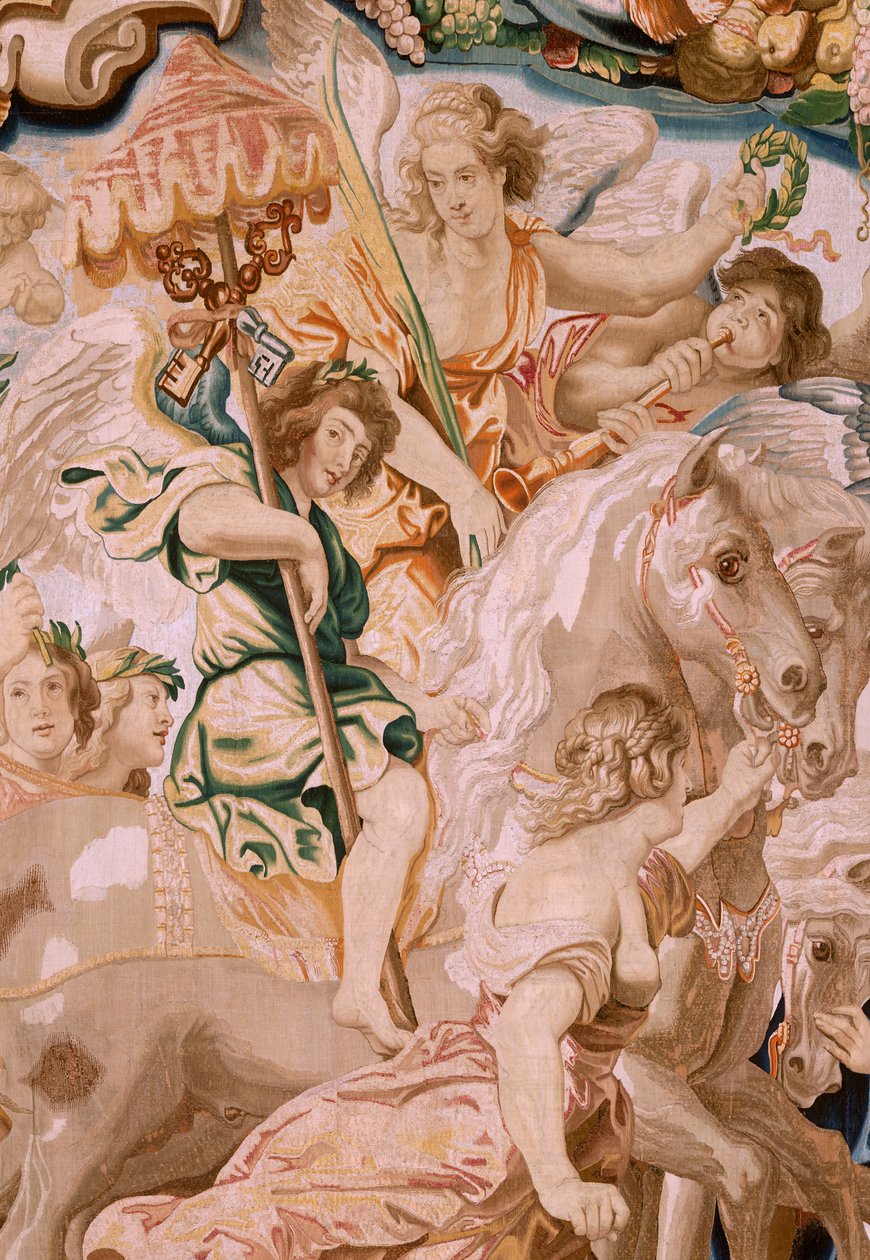tapeçaria flamenga. Série O Triunfo da Eucaristia. O Triunfo da Igreja (El Triunfo de la Iglesia). Oitava tapeçaria da série. Modelo Peter Paul Rubens. 1626-1628. Manufatura Jan II Raes, Bruxelas de Peter Paul (after) Rubens