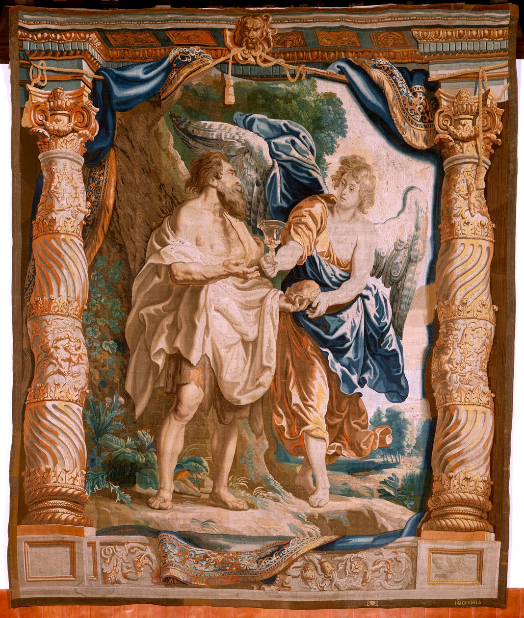 tapeçaria flamenga. Série O Triunfo da Eucaristia. O profeta Elias é consolado pelo anjo (El profeta Elías confortado por el ángel). Quinta tapeçaria da série. Modelo Peter Paul Rubens. 1626-1628. Manufatura Jacob II Geubels, Bruxelas de Peter Paul (after) Rubens