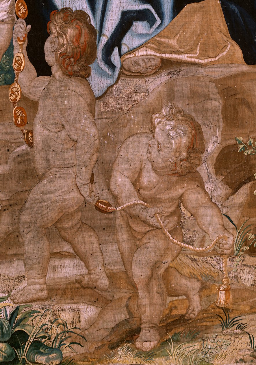Tapeçaria flamenga. Série O Triunfo da Eucaristia. A sucessão dos papas (La sucesión de los papas). A décima oitava tapeçaria da série. O modelo Peter Paul Rubens. 1626-1628. Fabricação Jan II Raes, Hans Vervoert, Bruxelas de Peter Paul (after) Rubens