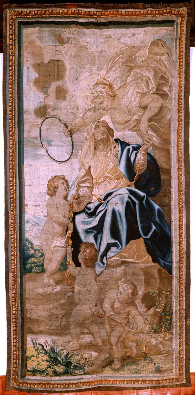 Tapeçaria flamenga. Série O Triunfo da Eucaristia. A sucessão dos papas (La sucesión de los papas). A décima oitava tapeçaria da série. O modelo Peter Paul Rubens. 1626-1628. Fabricação Jan II Raes, Hans Vervoert, Bruxelas de Peter Paul (after) Rubens