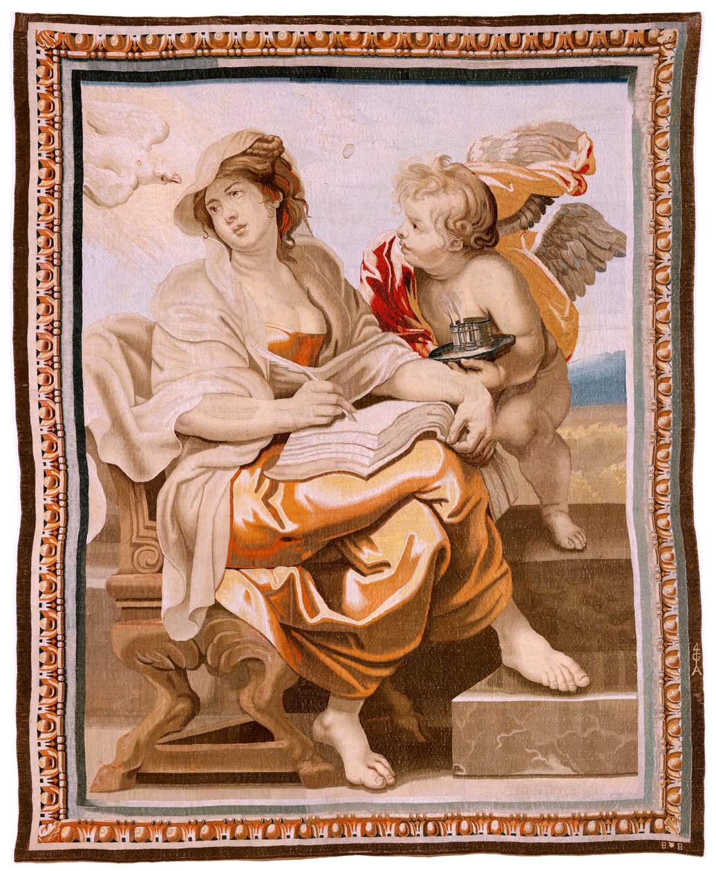 Tapeçaria flamenga. Série O Triunfo da Eucaristia. A Sabedoria é inspirada pelo Espírito Santo (La Sabiduría inspirada por el Espíritu Santo). A décima nona tapeçaria da série. Modelo Peter Paul Rubens. 1626-1628. Fabricação de Jacob II Geubels, Bruxelas de Peter Paul (after) Rubens