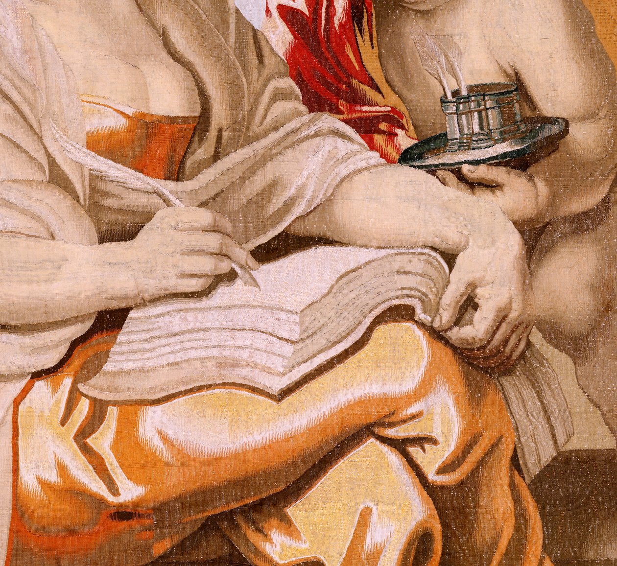 Tapeçaria flamenga. Série O Triunfo da Eucaristia. A Sabedoria é inspirada pelo Espírito Santo (La Sabiduría inspirada por el Espíritu Santo). A décima nona tapeçaria da série. Modelo Peter Paul Rubens. 1626-1628. Fabricação de Jacob II Geubels, Bruxelas de Peter Paul (after) Rubens