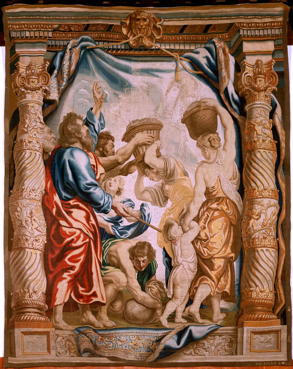 Tapeçaria flamenga. A queda do maná no deserto (La caída del maná en el desierto). Série O Triunfo da Eucaristia. A terceira tapeçaria da série. O modelo Peter Paul Rubens. 1626-1628. Fabricação Jan II Raes, Jacob II Geubels, Hans Vervoert, Ja de Peter Paul (after) Rubens