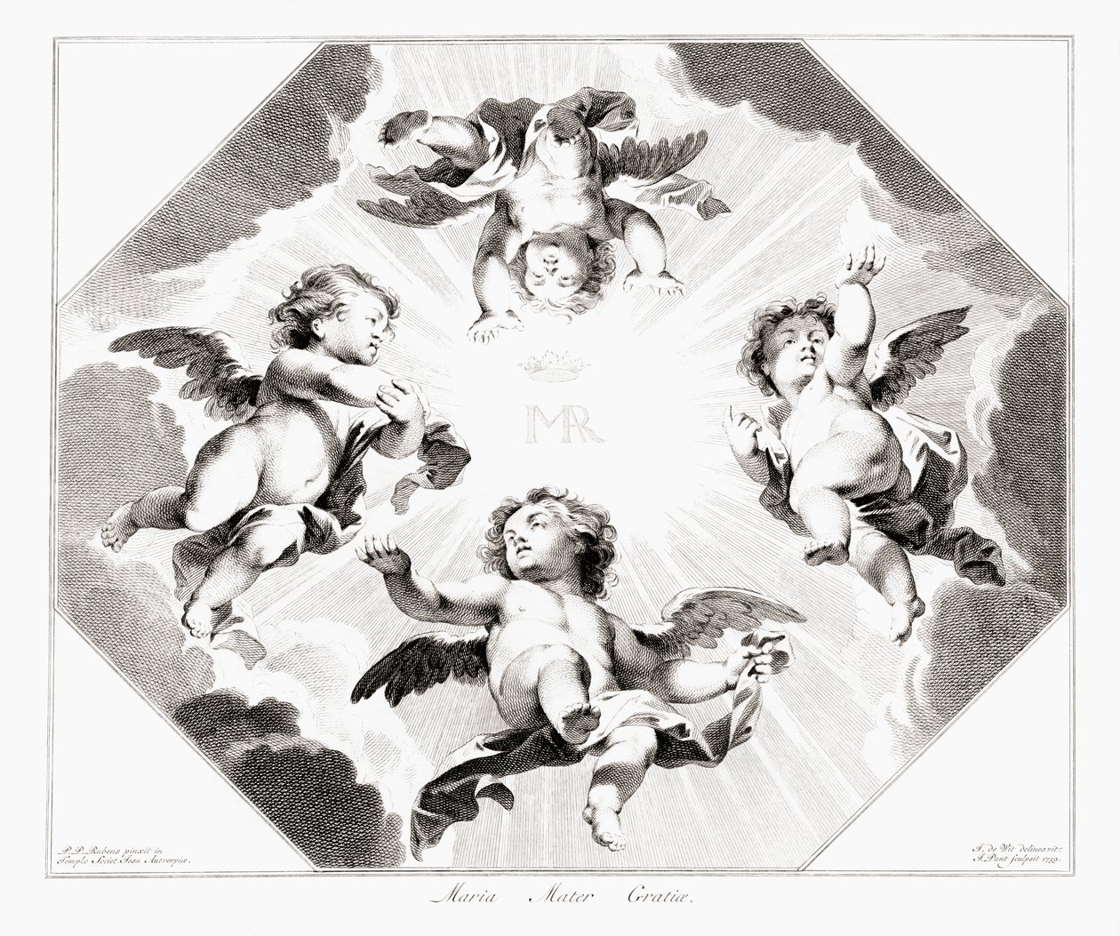 Quatro crianças anjos celebrando a Virgem Maria. de Peter Paul (after) Rubens