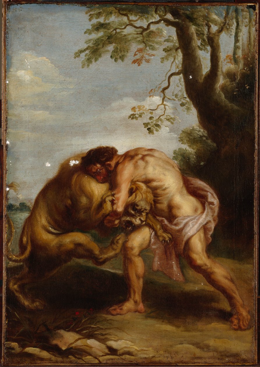 Hércules e o Leão Nemean (óleo sobre tela) de Peter Paul (after) Rubens