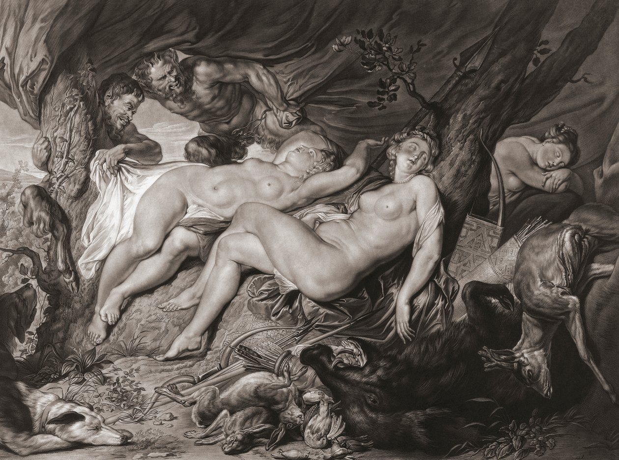 Diana adormecida e as suas ninfas espiadas por sátiros. (imprimir) de Peter Paul (after) Rubens