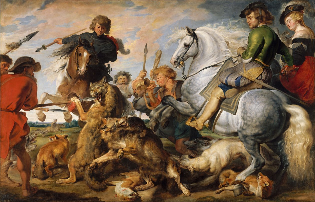 Wolf and Fox Hunt, c.1616 (óleo sobre tela) de Peter Paul (and studio) Rubens