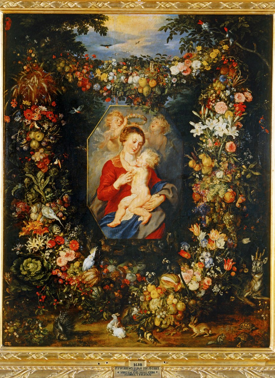 Maria Virgem e Menino com coroa de flores e frutos ... de Peter Paul & Brueghel Jan (1601 78) Rubens