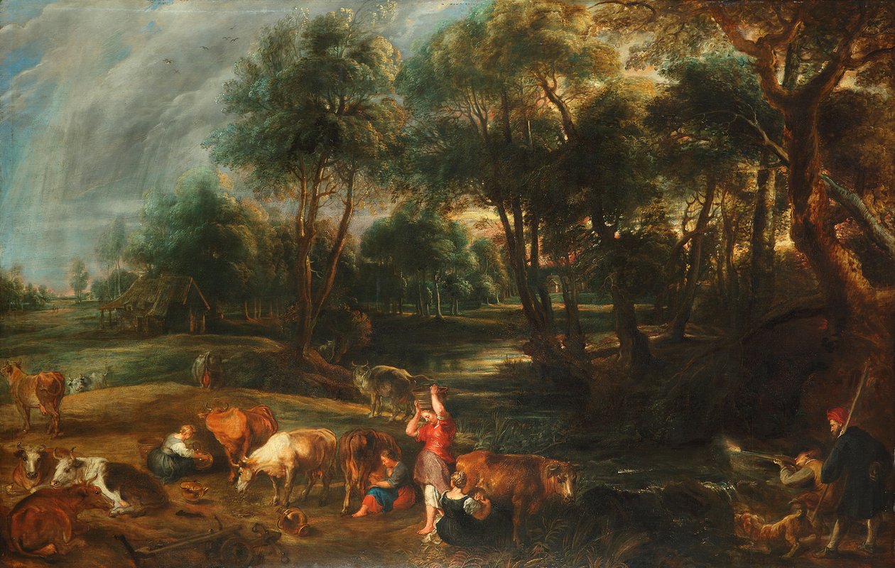 Uma paisagem com vacas e caçadores de patos de Peter Paul Rubens