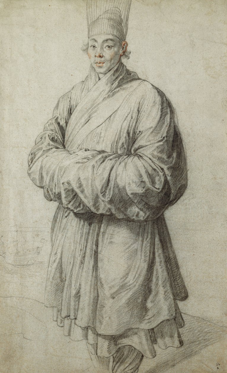 Um homem em traje coreano, usando um cocar transparente de crina de cavalo, quase todo o comprimento, um navio para a esquerda, de Peter Paul Rubens