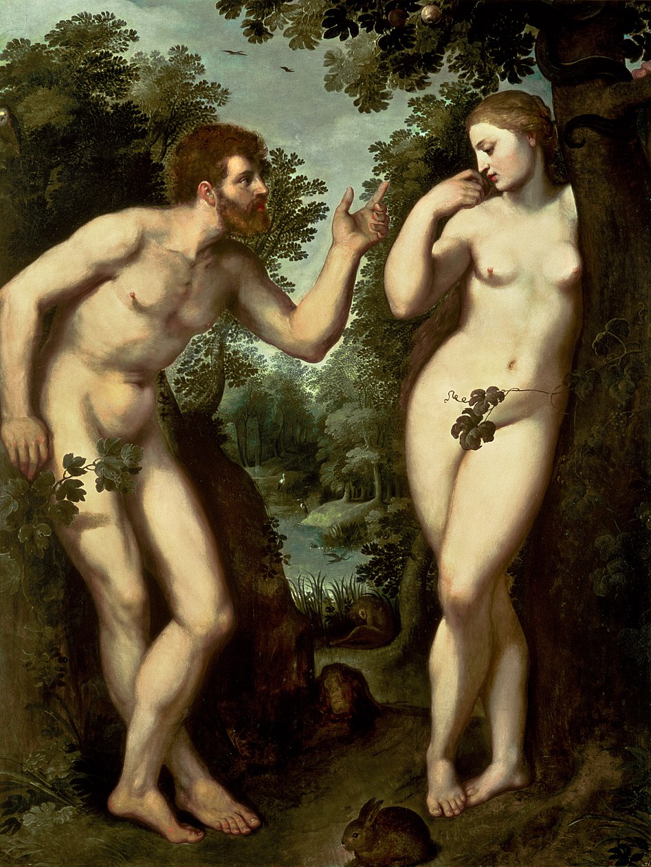 Adão e Eva, c.1599 (óleo no painel) de Peter Paul Rubens