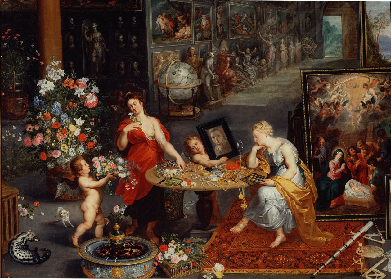 Alegoria da visão e do cheiro Detalhe. Jovens mulheres perto de uma mesa coberta de flores e jóias, um anjo apresenta um espelho a uma das mulheres que se admiram a si mesma. Obras de arte acumulam-se no fundo. Um furão está deitado à esquerda. Pintura de  de Peter Paul Rubens