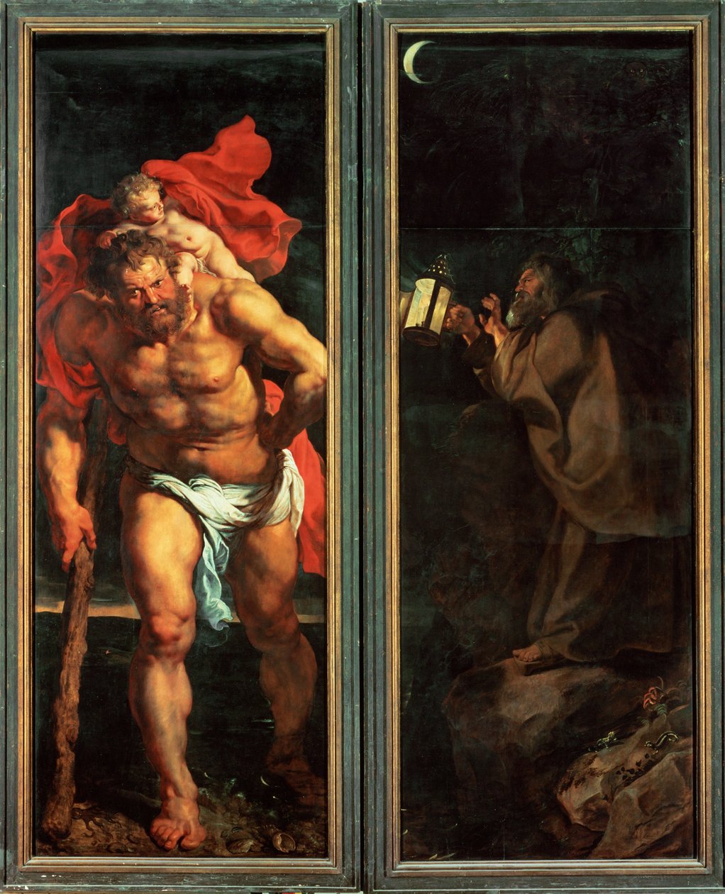 Altar: Descida da Cruz, fechado, lado esquerdo: São Cristóvão (pintura sobre tela) de Peter Paul Rubens
