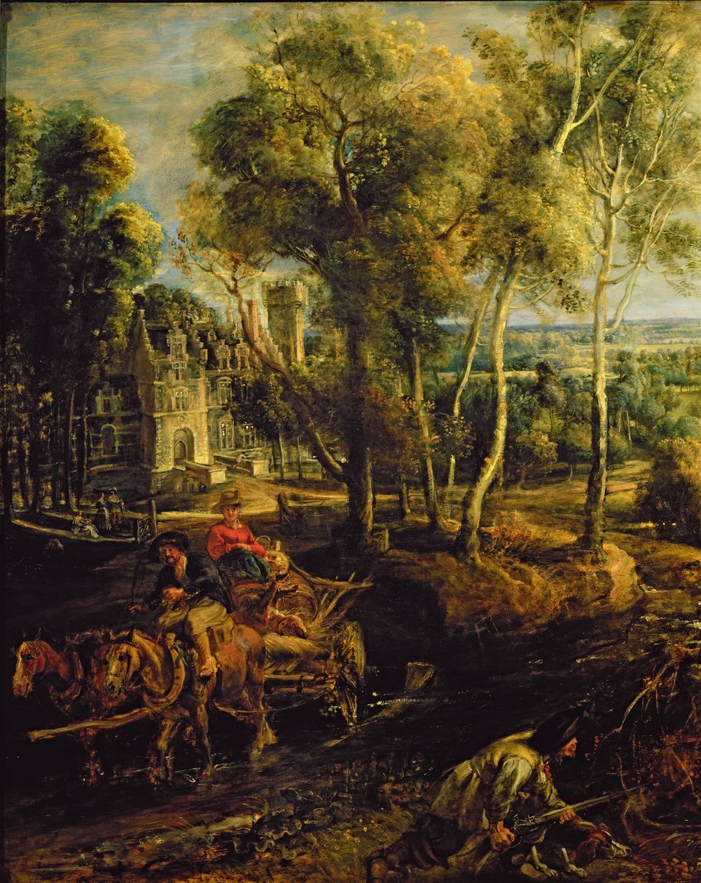 Uma paisagem de outono com uma visão de Het Steen no início da manhã, c.1636 óleo no detalhe do painel de 211075 de Peter Paul Rubens
