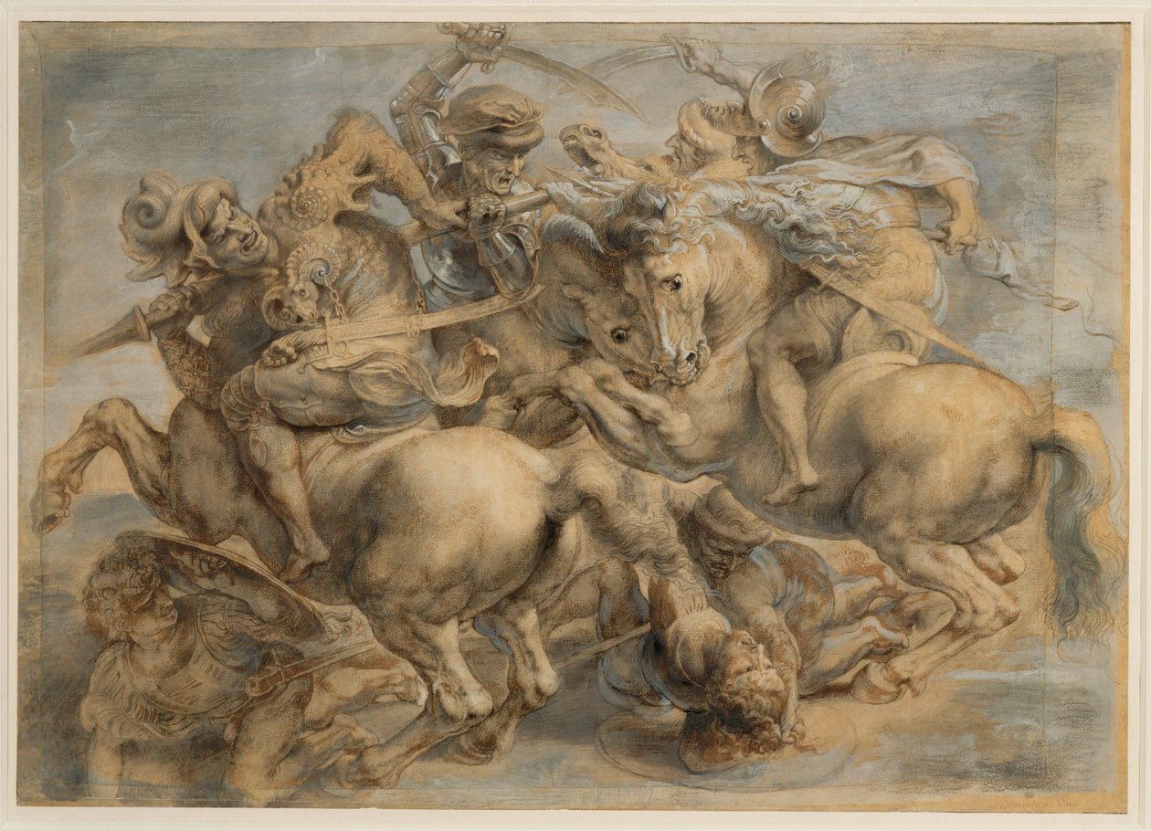 Batalha de Anghiari (tinta castanha, pedra preta, pincel, caneta, aguçada com guache e branco de chumbo) de Peter Paul Rubens
