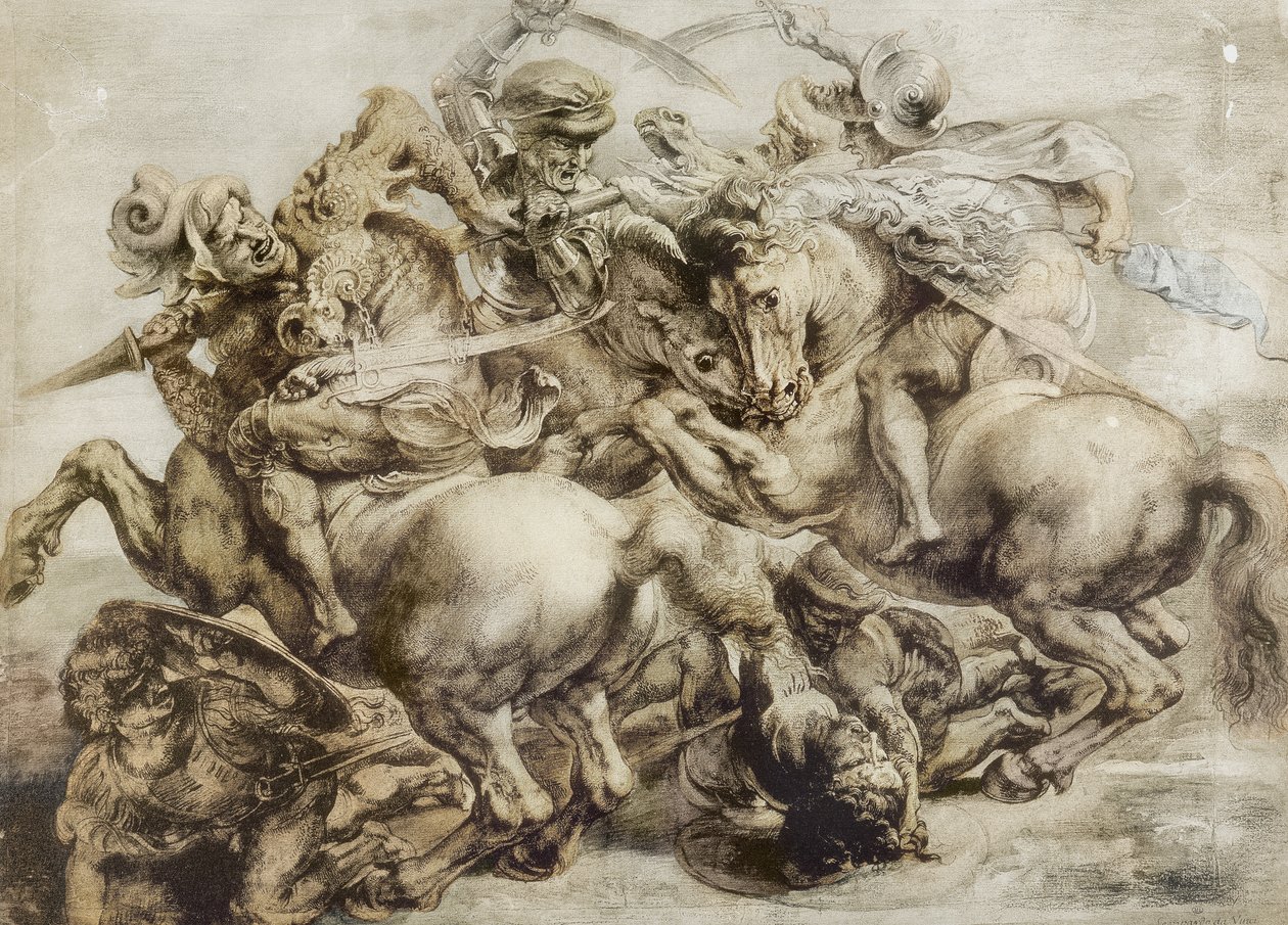 Batalha de Anghiari, depois de Leonardo da Vinci (caneta e tinta com lavagem sobre papel) de Peter Paul Rubens