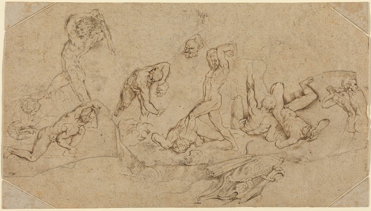 Batalha de homens nus (caneta e tinta castanha sobre giz preto sobre quatro pedaços irregularmente cortados de dois tipos de papel vegetal; colocados e com pedaços de canto acrescentados) de Peter Paul Rubens