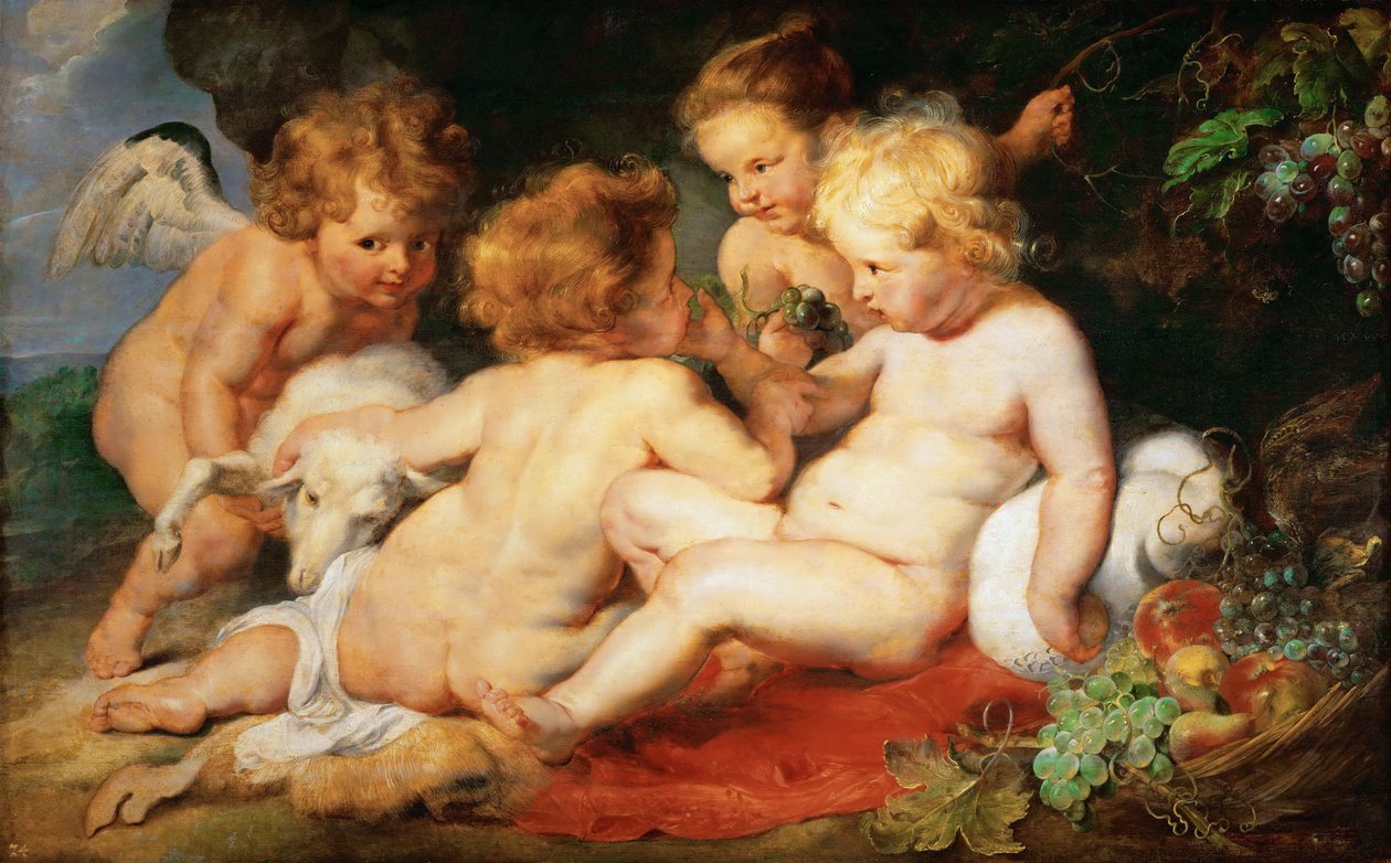 Cristo e João Batista como crianças com dois anjos - Pieter Paul Rubens (1577-1640). Óleo sobre madeira, c. 1615-1620. Dimensão : 76,5x122,3 cm. Museu de História de Arte, Vienne de Peter Paul Rubens