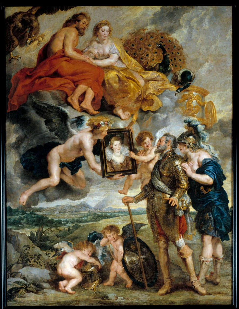 Cycle des Medicis: "o rei da França Henrique IV (1553-1610) recebe o retrato de Marie de Medicis (1573-1642)" Pintura de Pierre Paul (Pierre-Paul) Rubens (ou Peter Paul ou Petrus Paulus) (1577-1640) Sol do século XVII. 3,9x2,9 m de Peter Paul Rubens