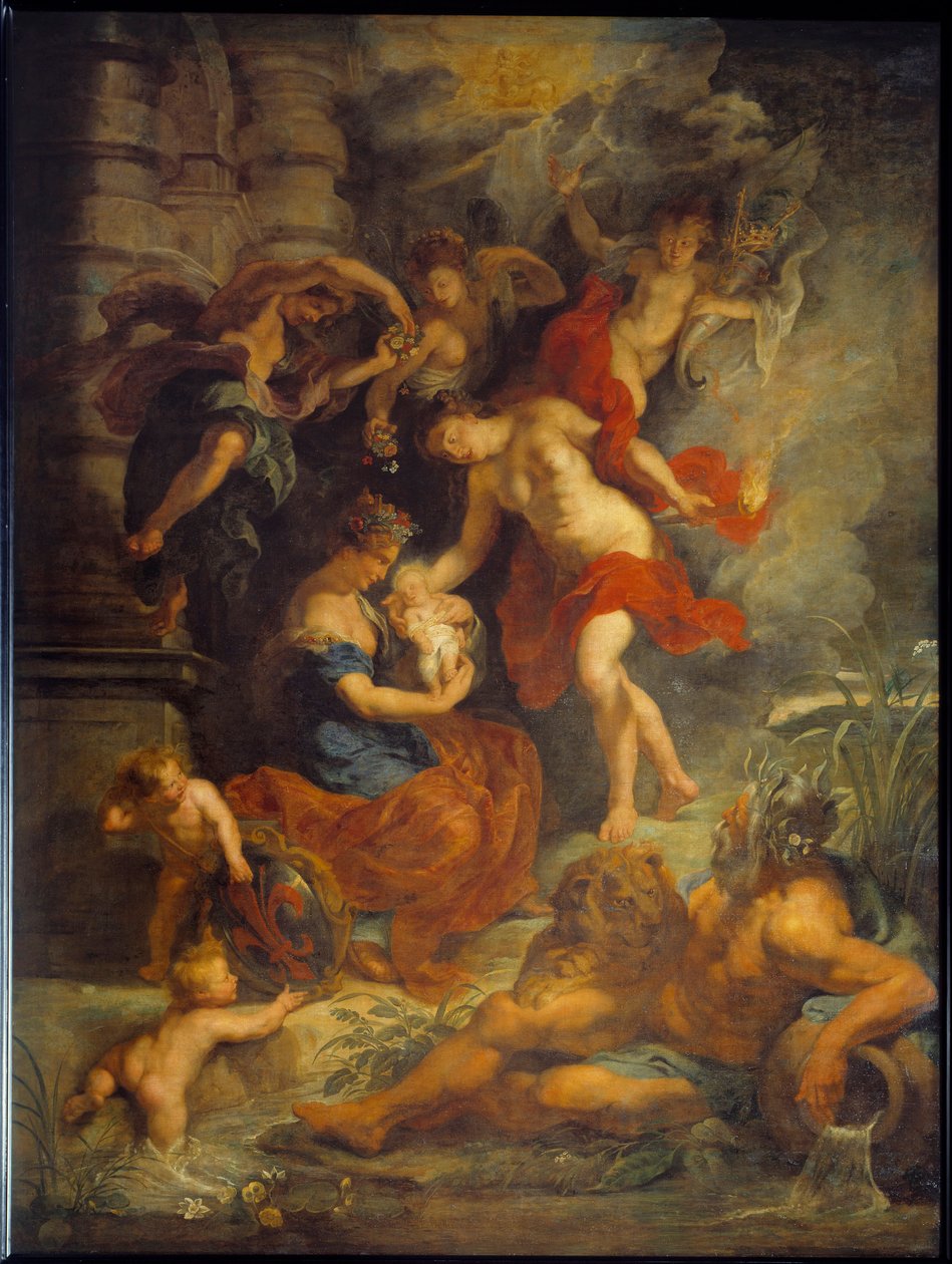 Ciclo de Marie de Medicis (1573-1642): "O nascimento de Marie de Medicis em Florença em 26/04/1573". Representação de Joana da Áustria (1547-1578) com sua filha. Pintura de Pierre Paul (Pierre-Paul) Rubens (ou Peter Paul ou Petrus Paulus) (1577-1640) de Peter Paul Rubens