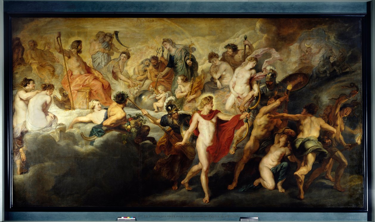 Ciclo de Mary de Medicis: O Concerto (ou Conselho) dos Deuses para Casamentos Recíprocos de França e Espanha, uma vez dito: O Governo da Rainha. Alegoria do Governo da Rainha Marie de Medicis de França (1575-1642). À esquerda, Júpiter e Juno se casam com o de Peter Paul Rubens