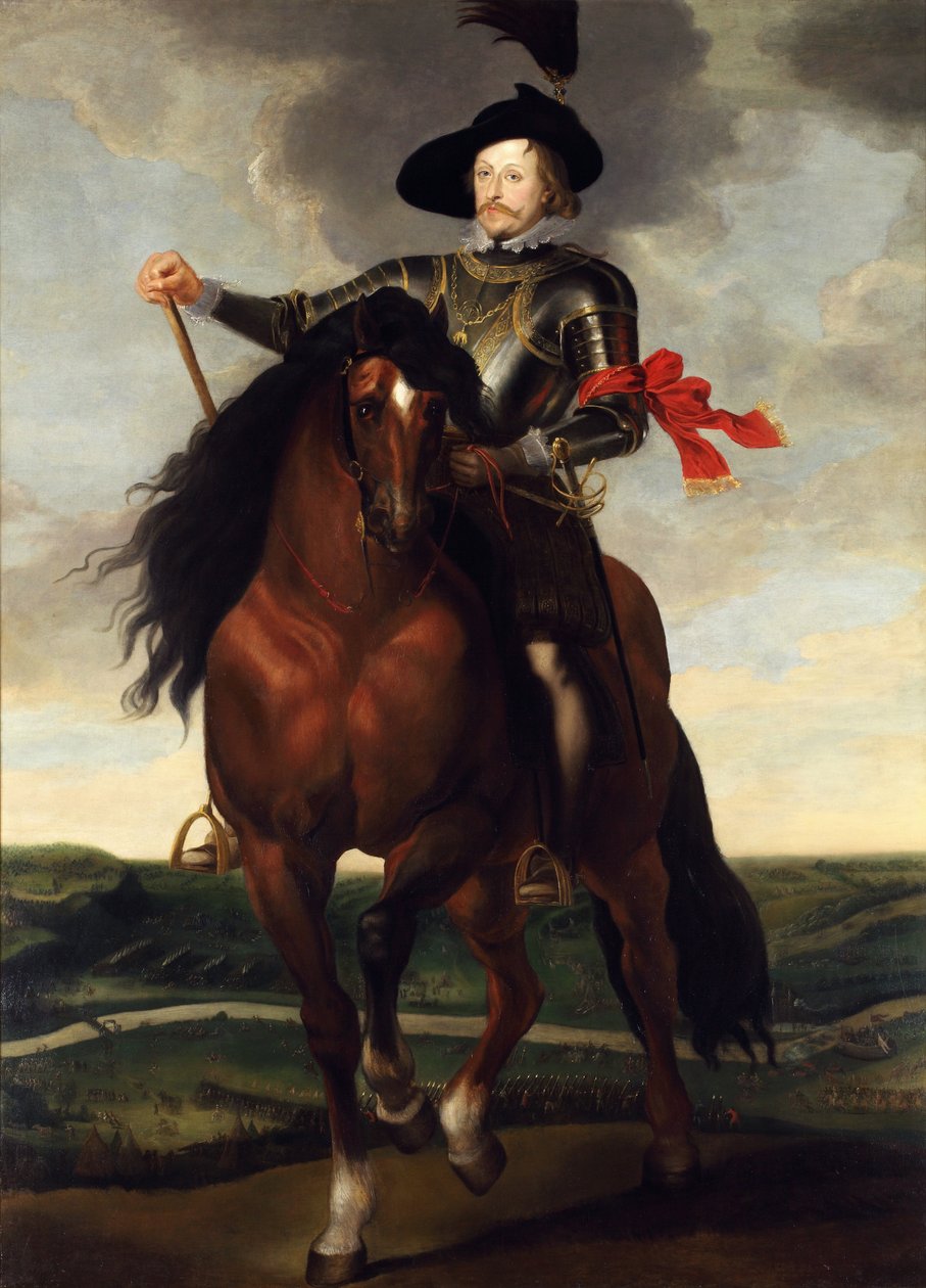 Retrato equestre do príncipe herdeiro Wladyslaw Vasa com a Batalha de Khotyn ao fundo, ca 1 de Peter Paul, Rubens