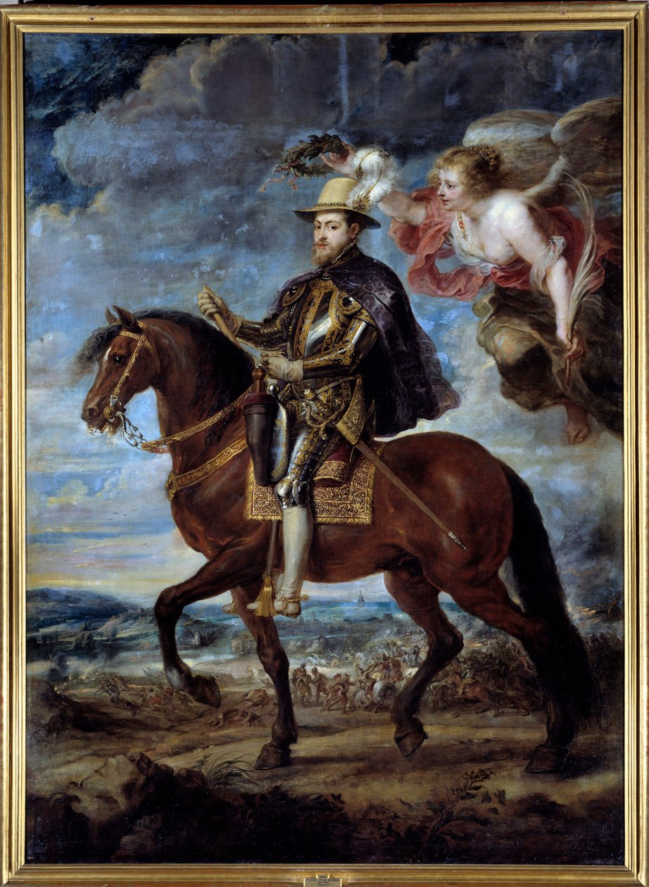 Retrato equestre de Filipe II, Rei de Espanha (1527-1598) Pintura de Peter Paul (Pierre-Paul) Rubens (ou Peter Paul ou Petrus Paulus) (1577-1640) Sol do século XVI. 3,14x2,28 m Madrid, Museu do Prado de Peter Paul Rubens