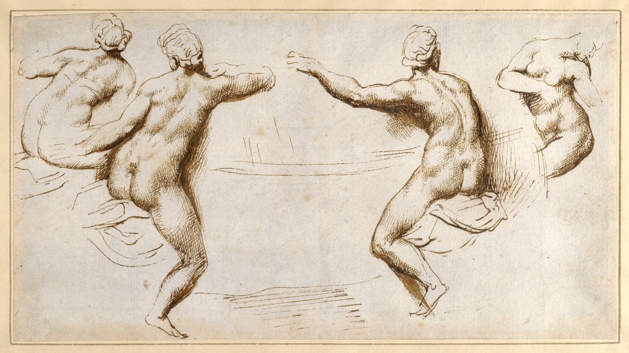 Quatro nus femininos à volta de uma bacia (caneta e tinta sobre papel) de Peter Paul Rubens
