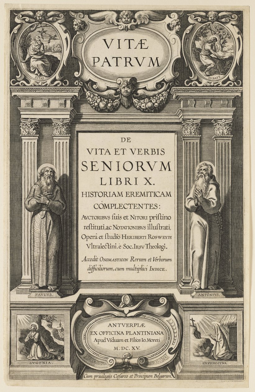 Frontispício para "Vidas dos pais", de Heribert Rosweyde, gravado por Theodor Galle de Peter Paul Rubens
