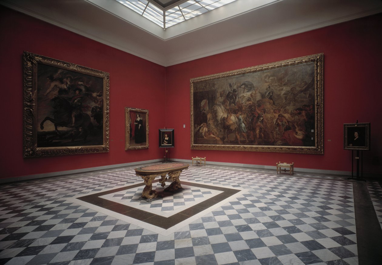 Salão do museu que apresenta Henrique IV na Batalha de Ivry e Entrada Triunfal de Henrique IV em Paris por Rubens de Peter Paul Rubens