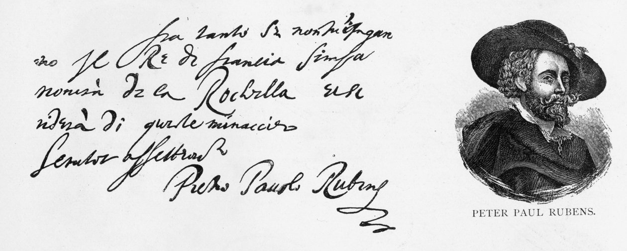 Caligrafia e assinatura de Rubens de uma carta em italiano sobre a derrota da marinha inglesa no cerco de La Rochelle, escrita em Antuérpia, em 30 de dezembro de 1627 de Peter Paul Rubens