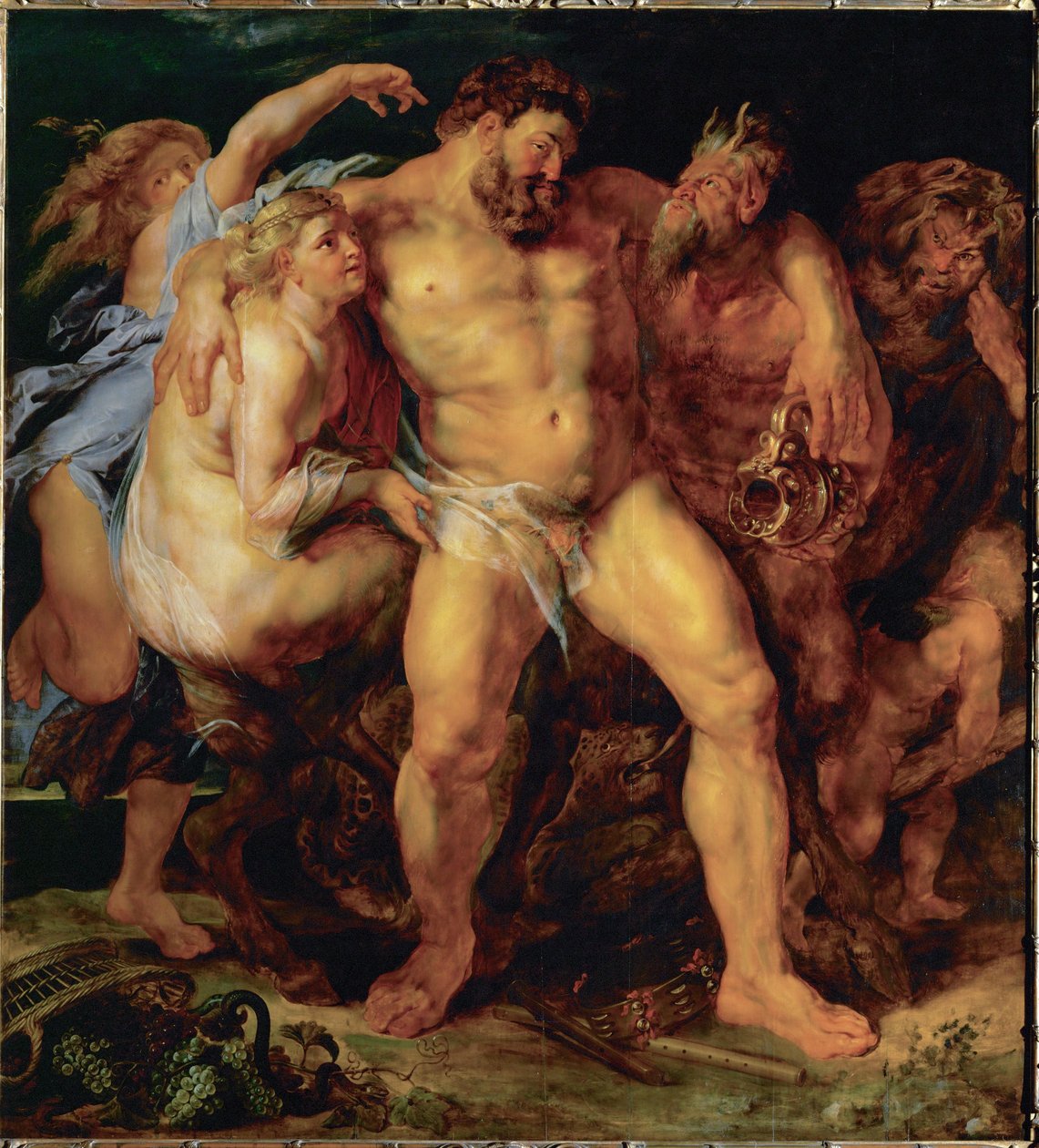 Hércules, bêbedo, conduzido por uma ninfa e um sátiro, c.1612-14 (pintura sobre madeira de carvalho) de Peter Paul Rubens