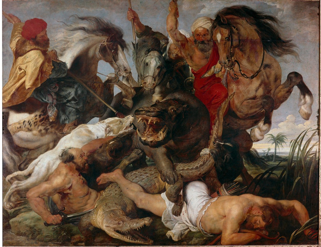 Hipopótamo e caça de crocodilos. Pintura de Pierre Paul (Pierre-Paul) Rubens (ou Peter Paul ou Petrus Paulus) (1577-1640) de Peter Paul Rubens