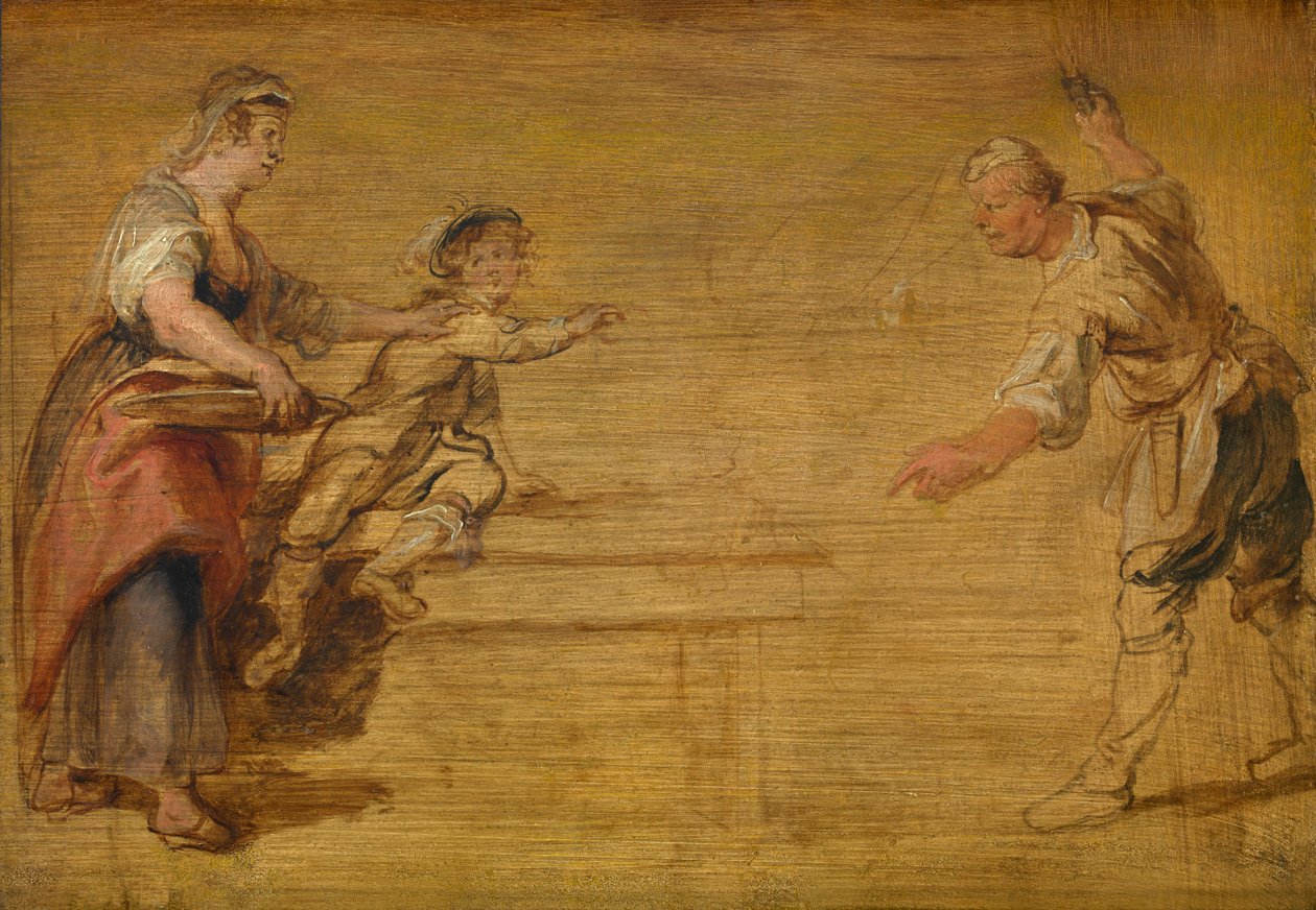 Criada de cozinha, talhante e rapaz à volta de uma mesa de Peter Paul Rubens