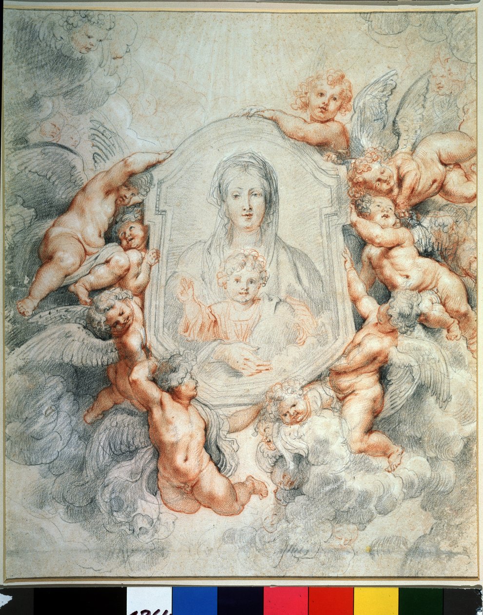 A Virgem e o Menino Adorados pelos Anjos (Madonna adorada pelos anjos, Madonna della vallicella). Pintura em pintura. Desenho de Peter Paul (Pierre-Paul) Rubens (ou Peter Paul ou Petrus Paulus) (1577-1640). Giz e giz vermelho sobre papel, 40,4 x 37 cm de Peter Paul Rubens