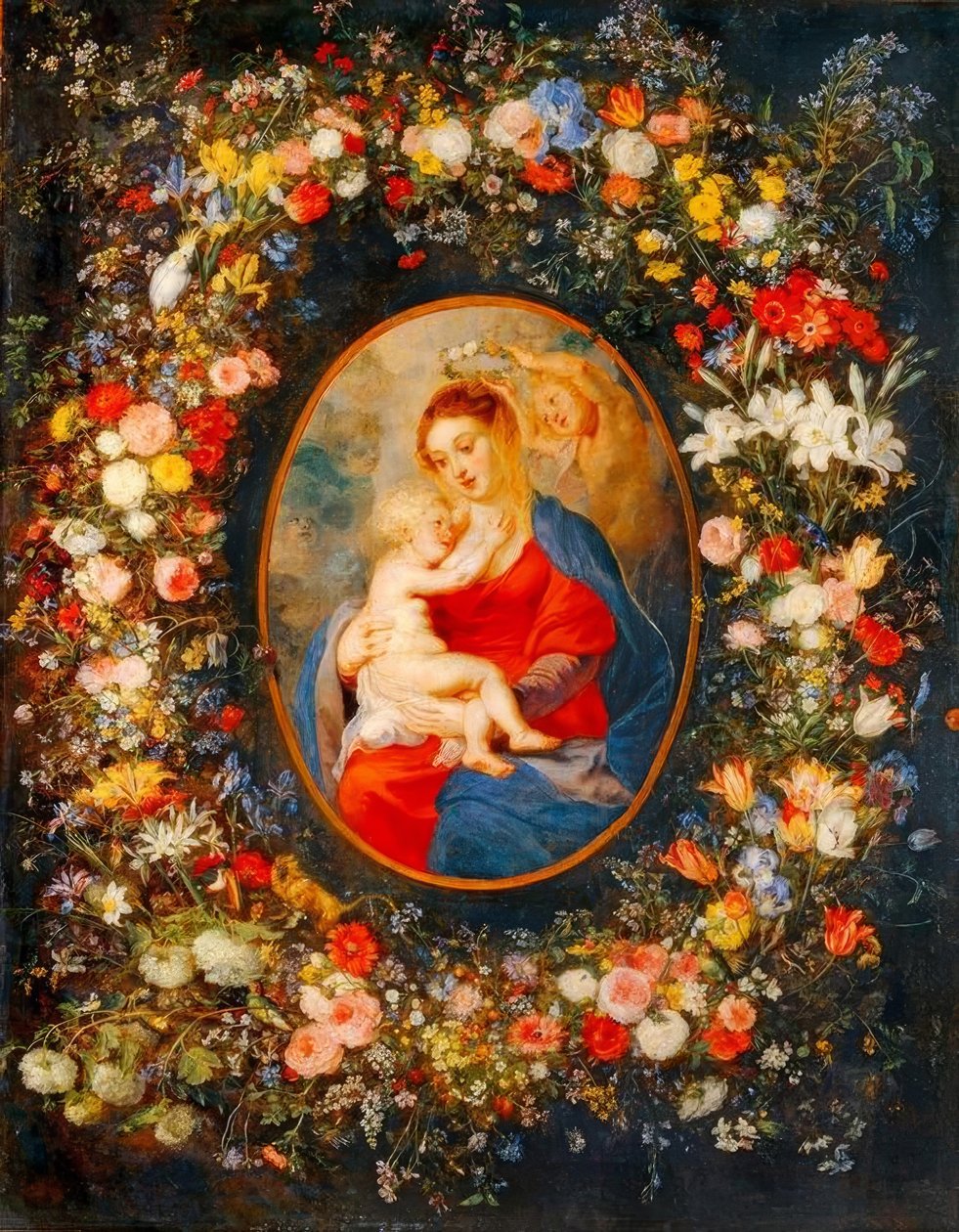 A Virgem, o menino Jesus e os anjos no meio de uma guirlanda de flores de Peter Paul Rubens