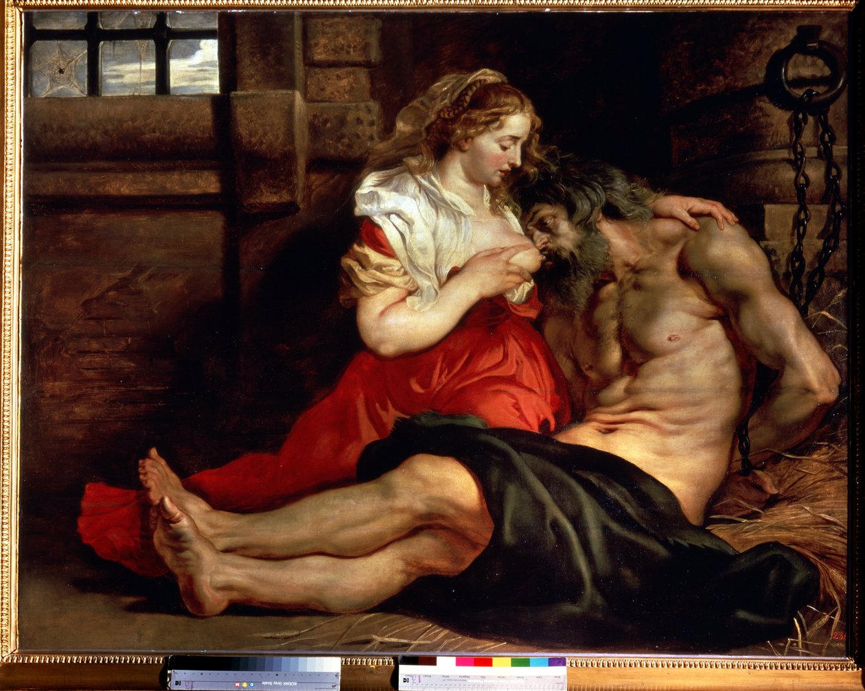 caridade romana. Uma mulher amamenta um homem na prisão e continua. Cimon condenado a passar fome na prisão se alimenta do peito de sua filha Pero. Pintura de Peter Paul (Pierre-Paul) Rubens (ou Peter Paul ou Petrus Paulus) (1577-1640). de Peter Paul Rubens