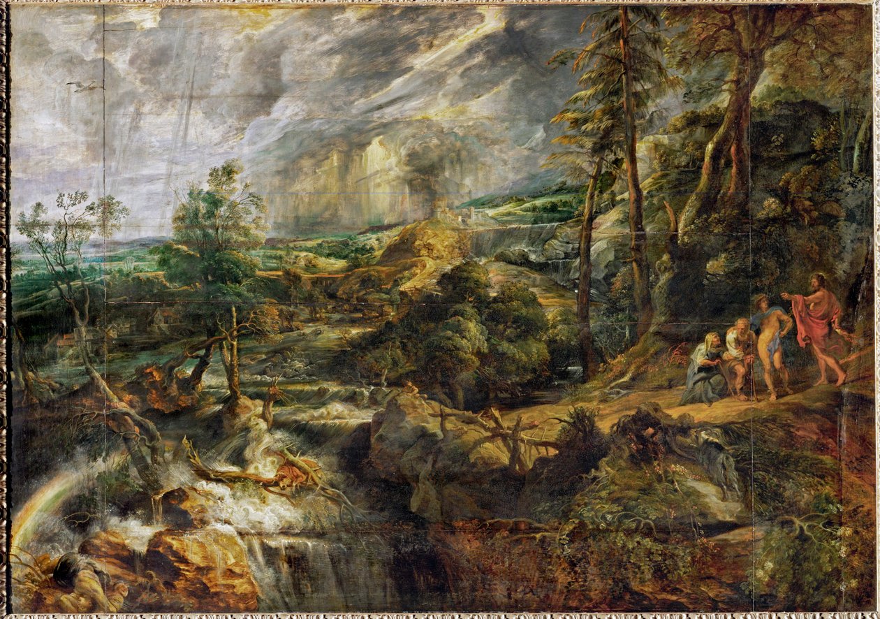 Paisagem numa tempestade com Filemon e Baucis, Júpiter e Mercúrio, c.1620 (óleo sobre madeira) de Peter Paul Rubens