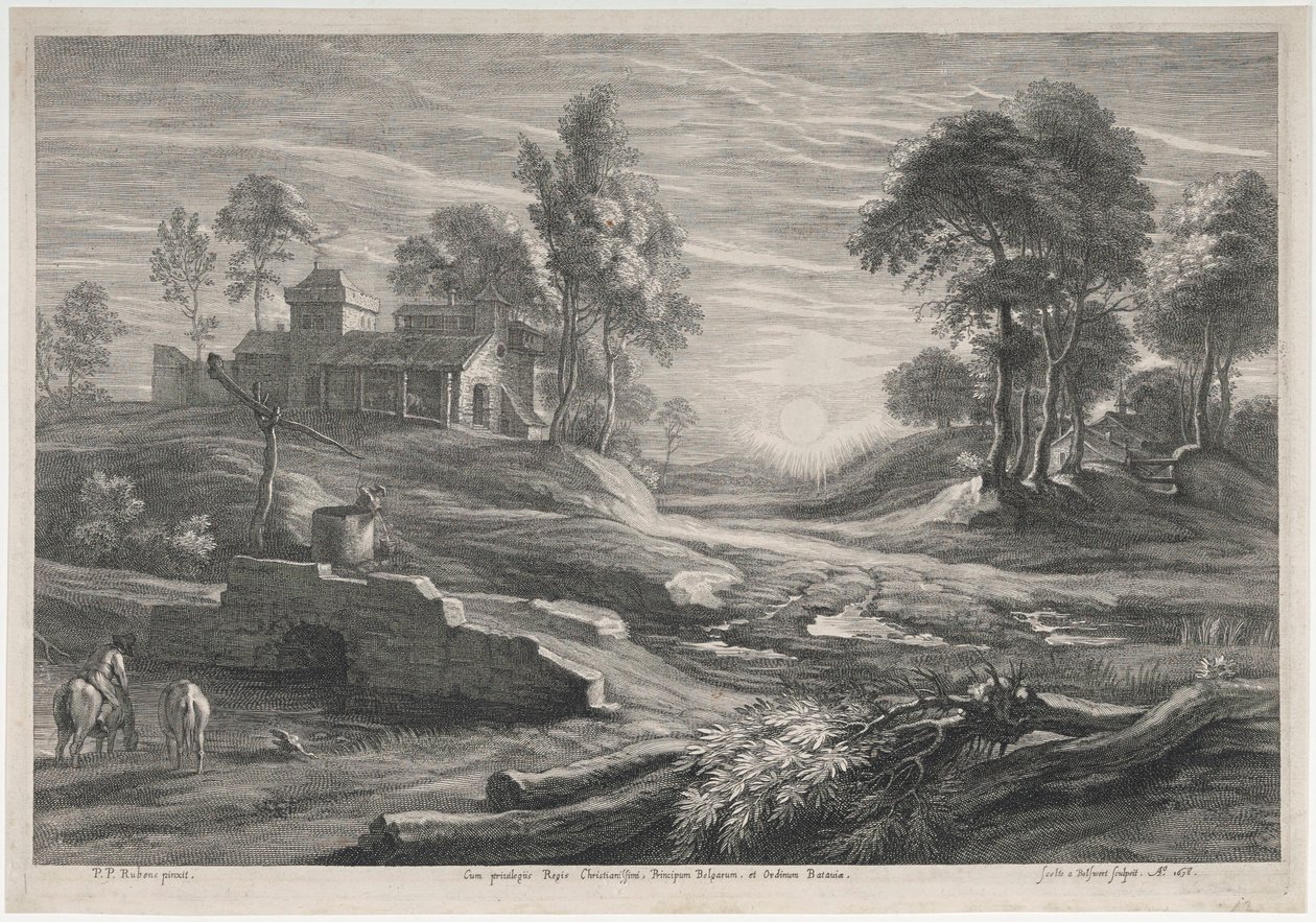 Paisagem com pôr do sol e duas quintas de Peter Paul Rubens