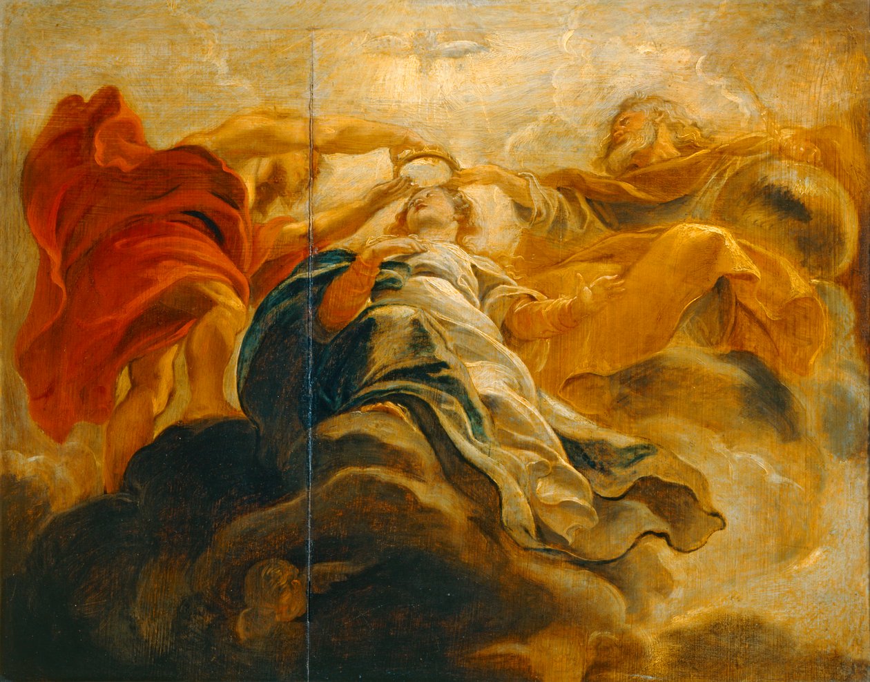 A Coroação da Virgem Maria por Deus Pai e Jesus Cristo (pintura sobre madeira) de Peter Paul Rubens