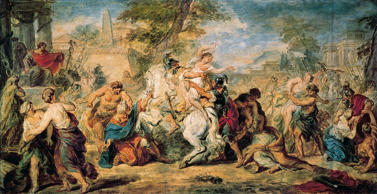 "Para compensar a falta de mulheres, Rómulo e os romanos raptam as dos seus vizinhos, os Sabines, que tentam retomá-las pela força. A batalha é evitada graças às mulheres Sabine que vêm entre os guerreiros, no de Peter Paul Rubens