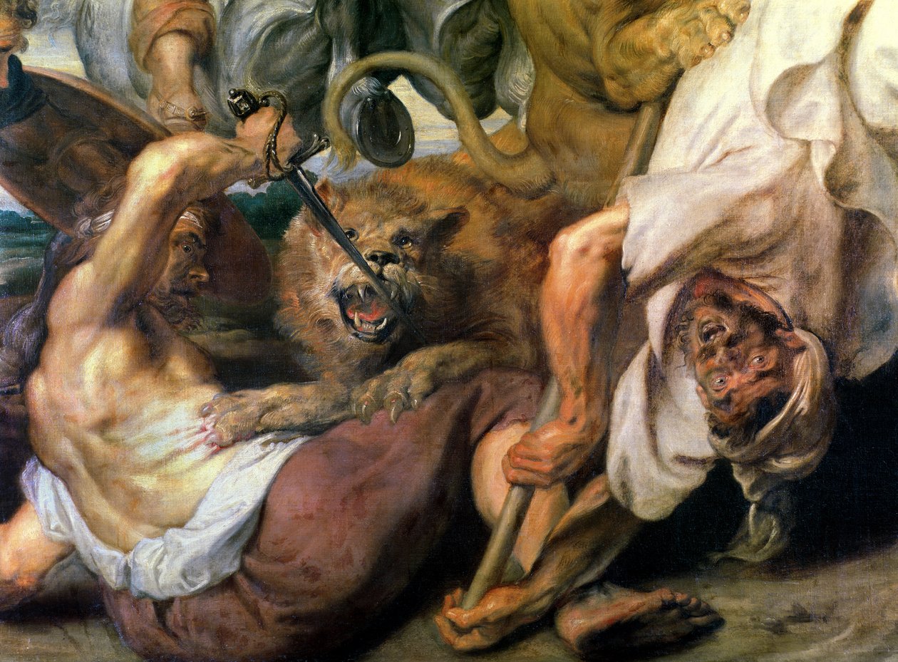 Caça ao Leão, detalhe de dois homens e um leão, 1621 de Peter Paul Rubens