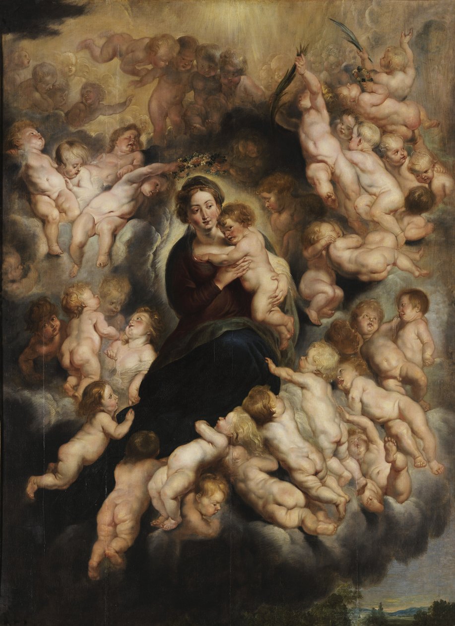 Maria com criança em uma coroa de anjos de Peter Paul Rubens