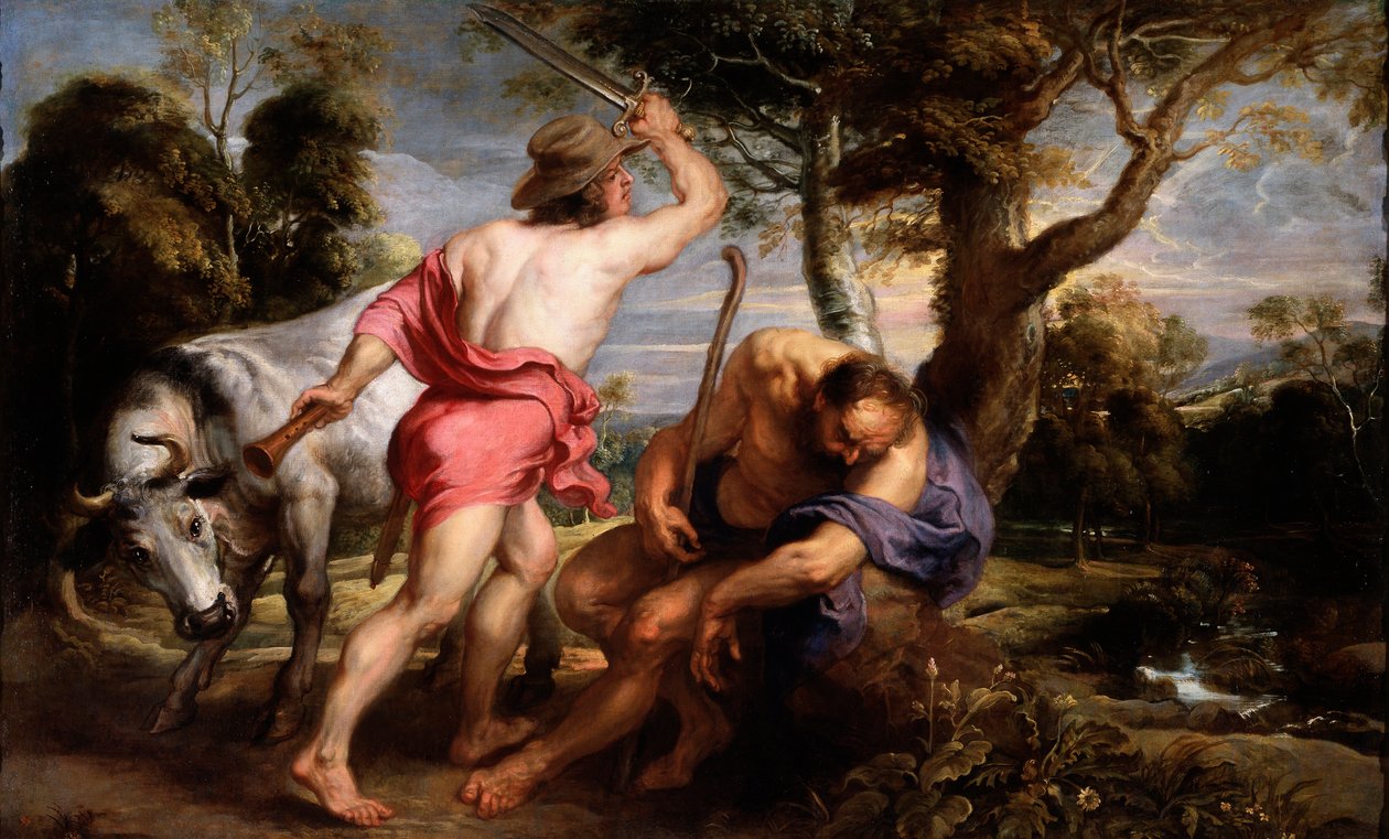 "Mercúrio e Argus" Mercúrio é acusado por Zeus de adormecer Argus, o guardião de Io, transformado em genisse por Hera (Mercúrio e Argus) Pintura por Pieter Paul Rubens (1577-1640) 1636-1638 Dim 180x298 cm Museo del Prado, Madrid de Peter Paul Rubens