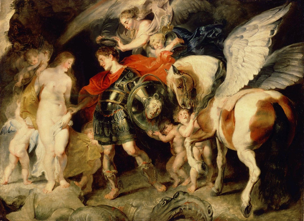 "Perseus e Andrómeda" Andrómeda acorrentado a uma rocha é libertado por Perseus acompanhado por Pagase. No seu escudo, a cabeça da Medusa, que ele matou. Pintura de Peter Paul (Peter-Paul) Rubens (ou Peter Paul ou Petrus Paulus) (1 de Peter Paul Rubens