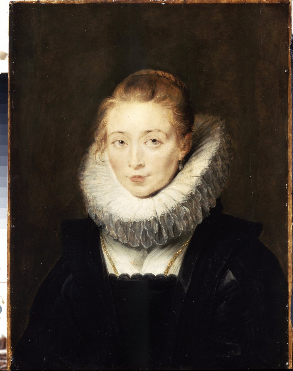 Retrato de uma dama de companhia da Infanta Isabel (1566-1633). Ela está a usar uma coleira de morango. (Retrato de senhora à espera da Infanta Isabella). Pintura de Peter Paul (Peter-Paul) Rubens (ou Peter Paul ou Petrus Paulus) (1577-1640). Óleo sobre de Peter Paul Rubens