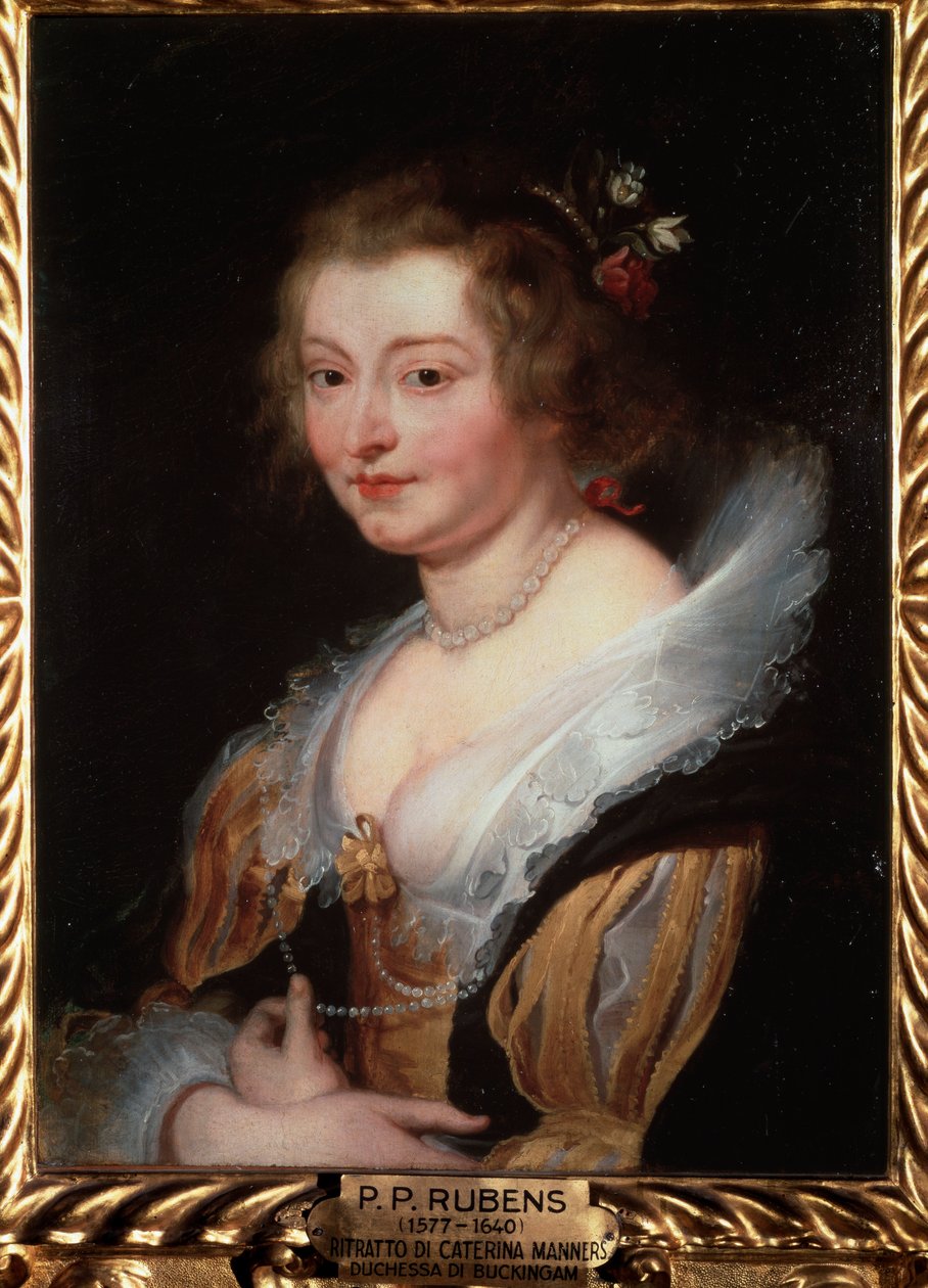 Retrato de Catherine Manners, Duquesa de Buckingham - óleo sobre painel, c.1625-1629 de Peter Paul Rubens